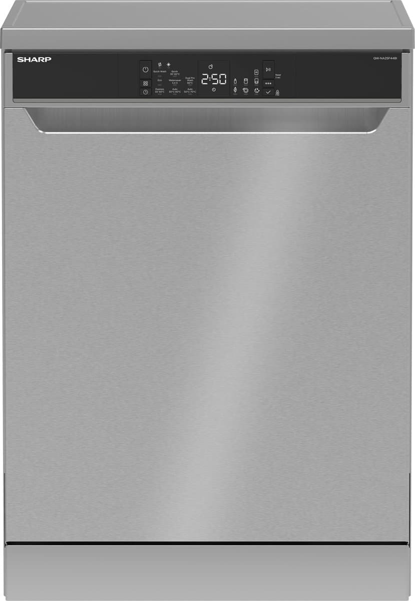 Sharp QWNA25F44BIEU - vrijstaande vaatwasser - energie label B - besteklade + topsproeier - 8 programma's - zilver met RVS deur — afbeelding 1