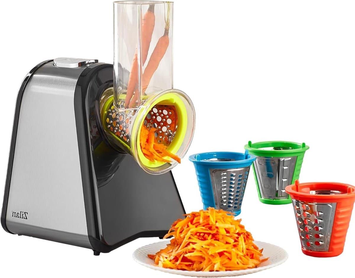 Elektrische Keukenrasp - Groenteschaaf Keukenmachine - Snel Ingrediënten Raspen - 4 Opzetstukken - 22 cm Hoogte - Roestvrij Staal — afbeelding 1