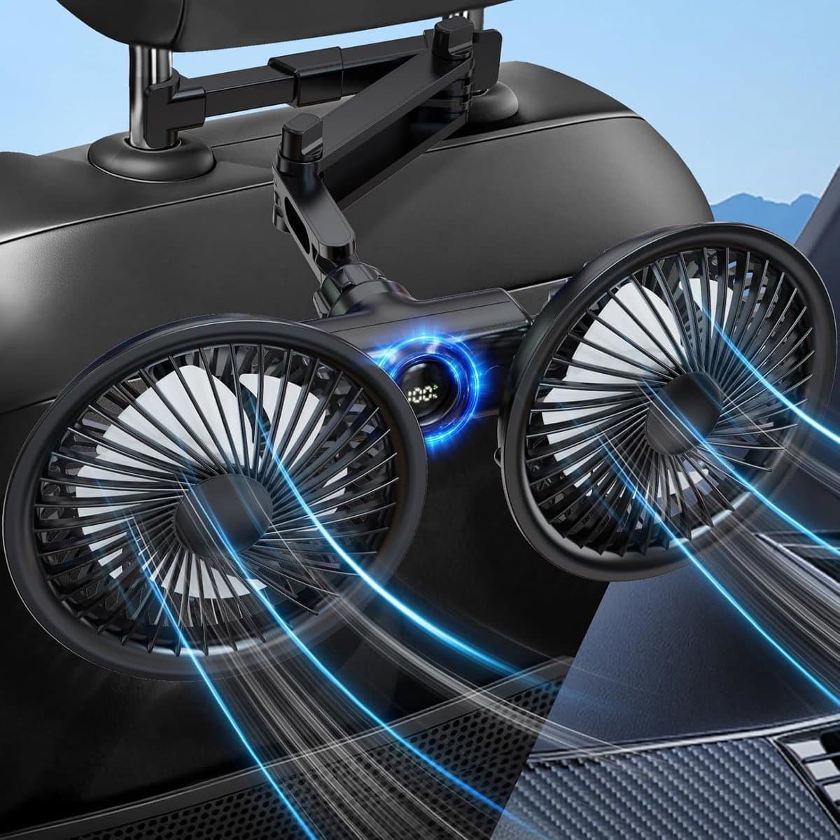 Ulisem - Achterbankventilator - 3600mAh oplaadbaar - 3 snelheden - Dubbel 5.7 inch kop - 360° roteerbaar - Led display - Inclusief oplaadkabel - Geschikt voor auto en reizen - Zwart - Model met achtersteun — afbeelding 1