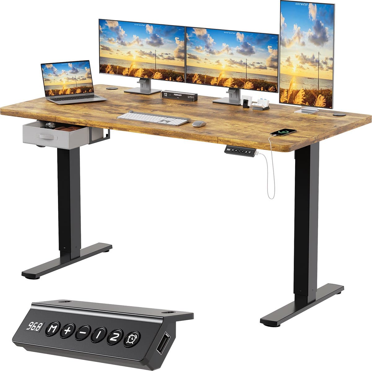 Devoko Elektrisch Zit-sta Bureau 160x80 cm – Stille Motor met Geheugenfunctie – Zit-alarm – Digitaal Display – 6 Knoppen Handbediening – USB Poort – Zit-sta Bureau – Bruin — afbeelding 1