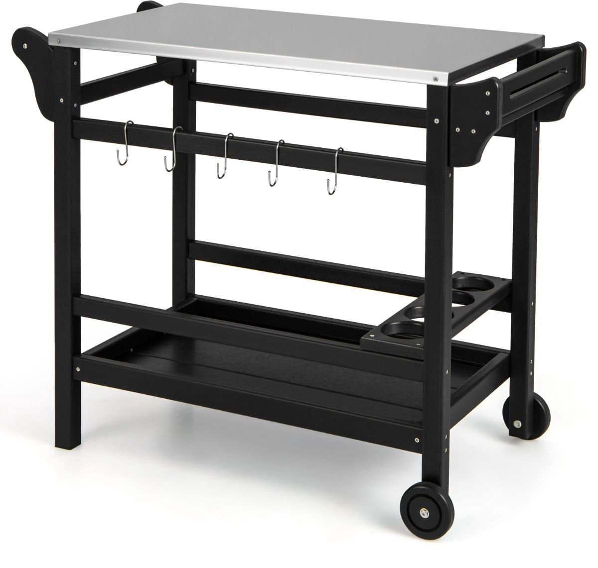Buitenkeuken op Wielen – BBQ Trolley – Met Opbergkast & Planken – Werktafel voor Buiten – Hout & Metaal – Multifunctioneel – Zwart — afbeelding 1