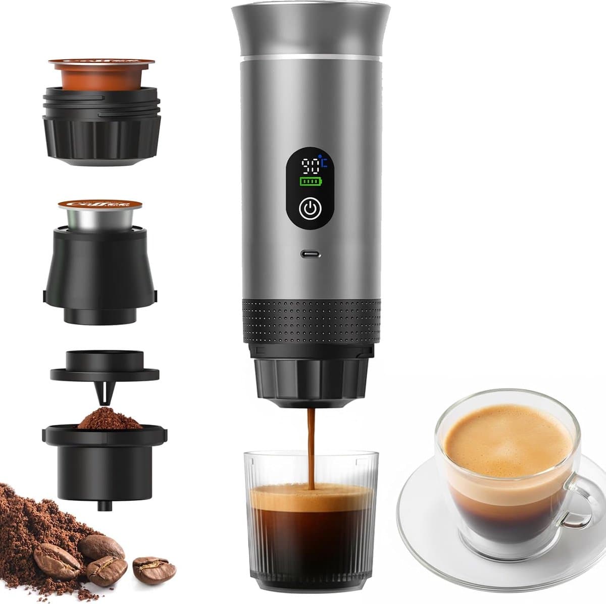 Draagbare 3-in-1 espressomachine, zelfverwarmend en oplaadbaar met slim display — Geschikt voor gemalen koffie, kleine en grote capsules; mini-machine voor op reis en camping, 20 bar extractie, 80 ml kop — afbeelding 1