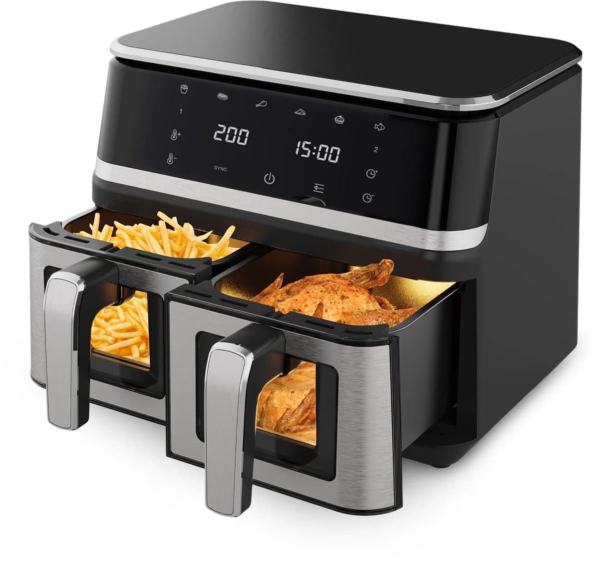 LUMÈ STORE Airfryer 9L Dual Zone – Heteluchtfriteuse – 2000W – Dubbele Mand – Touchscreen – 12 Programma’s – Kijkvenster – RVS – Zwart — afbeelding 1