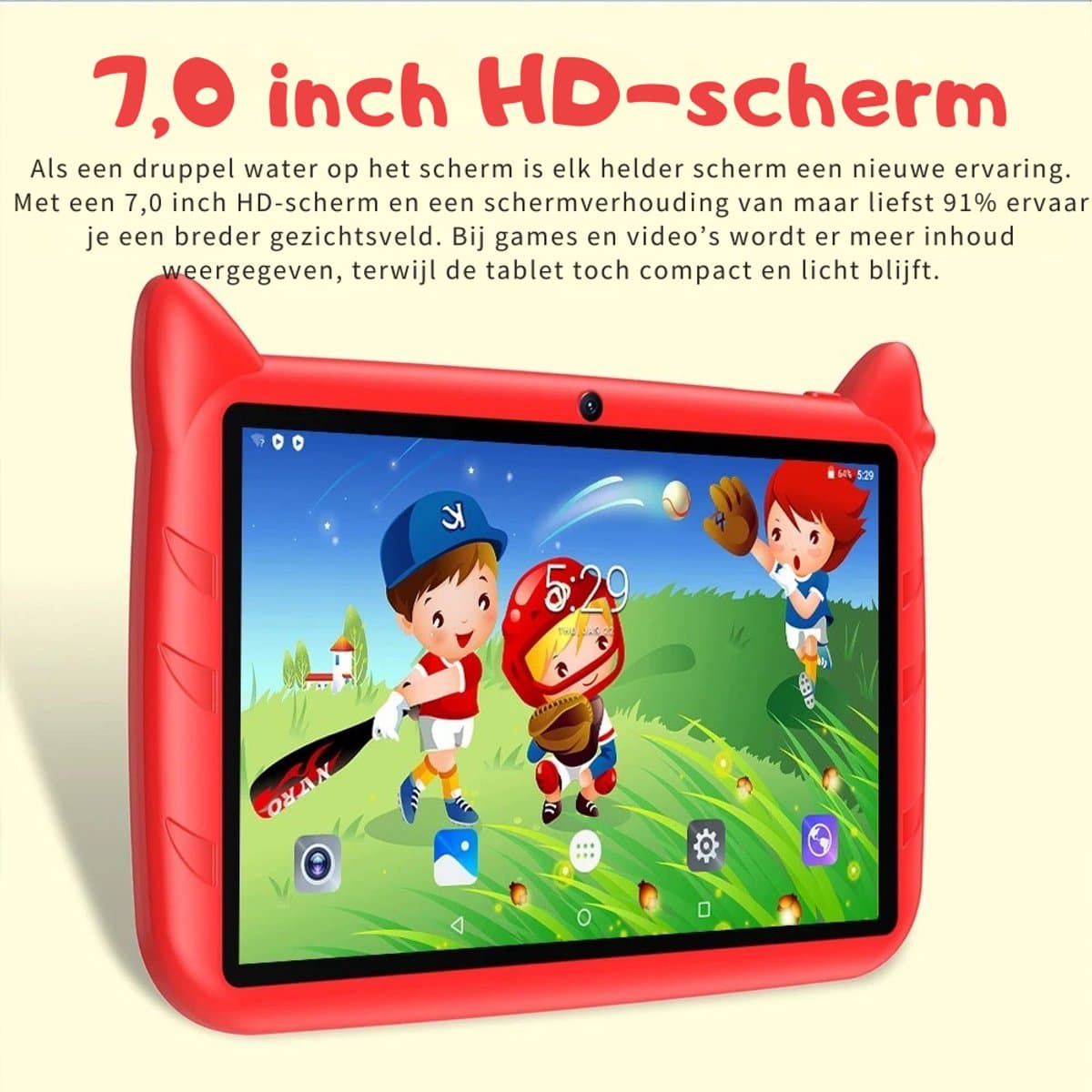 BDF Kindertablet 7 Inch , Dubbele Camera, Android en 64GB Opslag voor Kinderen Rode kleur — afbeelding 1