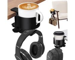 2-in-1 Bekerhouder met Koptelefoon Hanger - Ruimtebesparende Kantoorspullen - Zware Kwaliteit Aluminium - Anti-knoei Desk Cup Holder