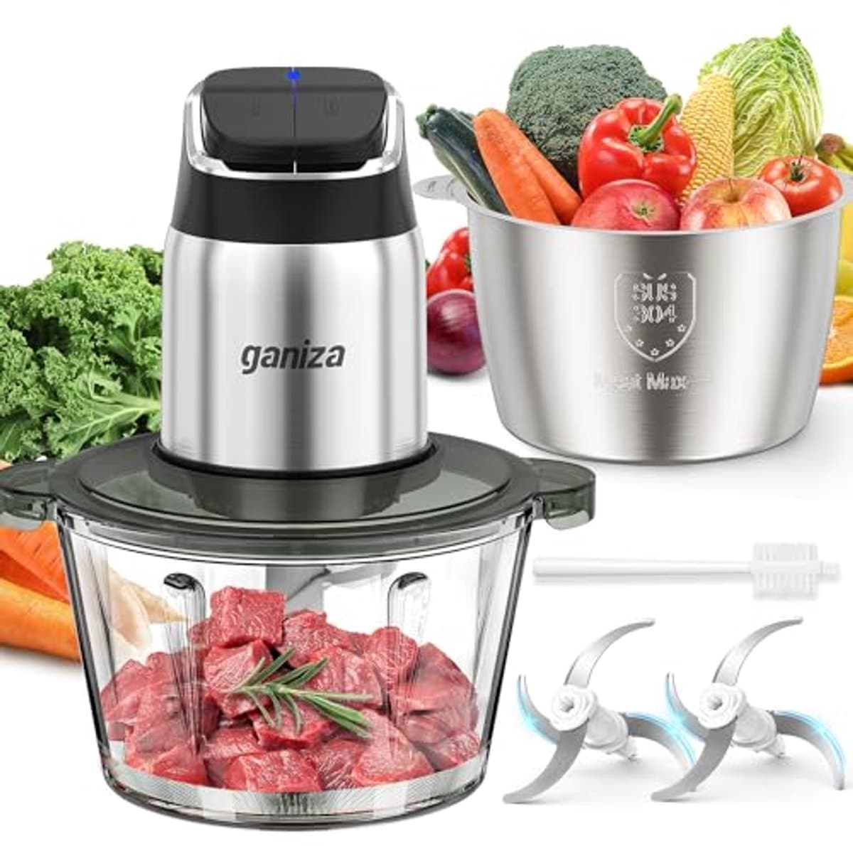 Foodprocessor en vleesmaler met glazen en roestvrijstalen kommen, 450W motor en oververhittingsbeveiliging — afbeelding 1
