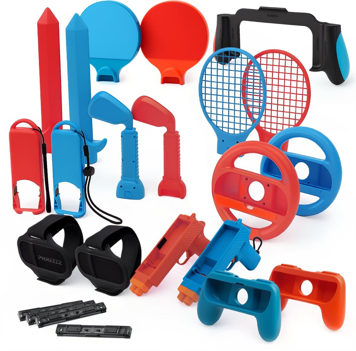 Phreeze 23 delige accessoire set geschikt voor Nintendo Switch accessoires - met stuur, sports accessoires, houder, grips, tafeltennis, zwaard, golf, voetbal, bowlen - Cadeau voor kerst, sinterklaas en verjaardag — afbeelding 1