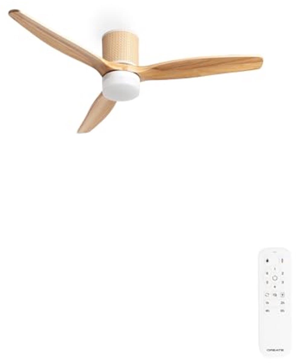 Stille Rattan Plafondventilator met Afstandsbediening en LED Verlichting - 6 Snelheden, Timer en Zomer/Winterfunctie — afbeelding 1