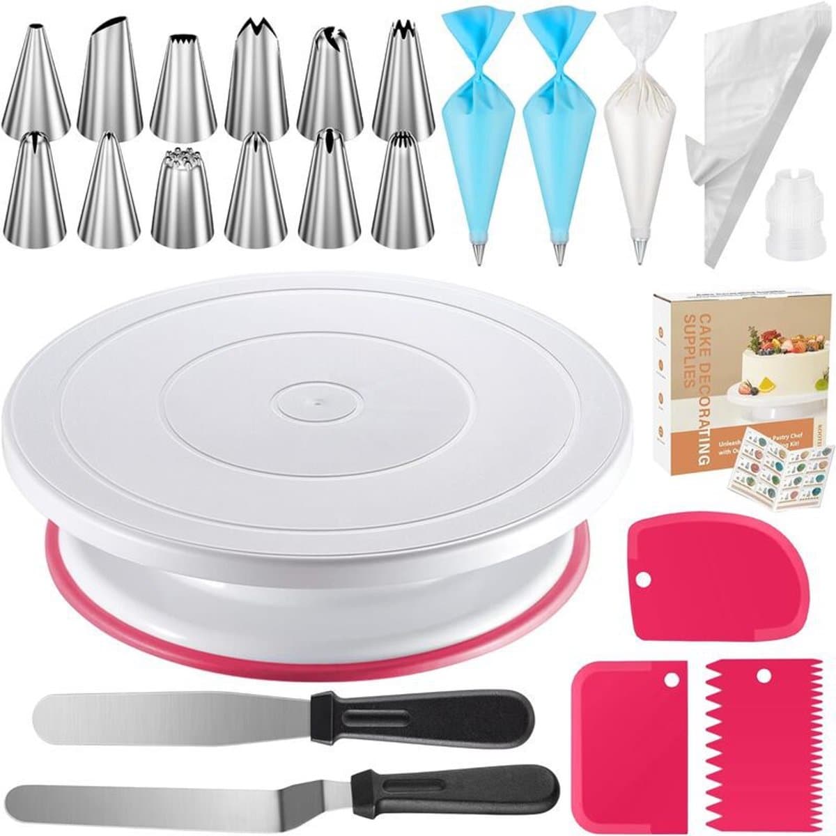 Rozenrode set (totaal 71 stuks) Taartdraaiplateau, Taartdecoratie, Spuitmondjes, Spuitzakken, Botermes, Spatel — afbeelding 1