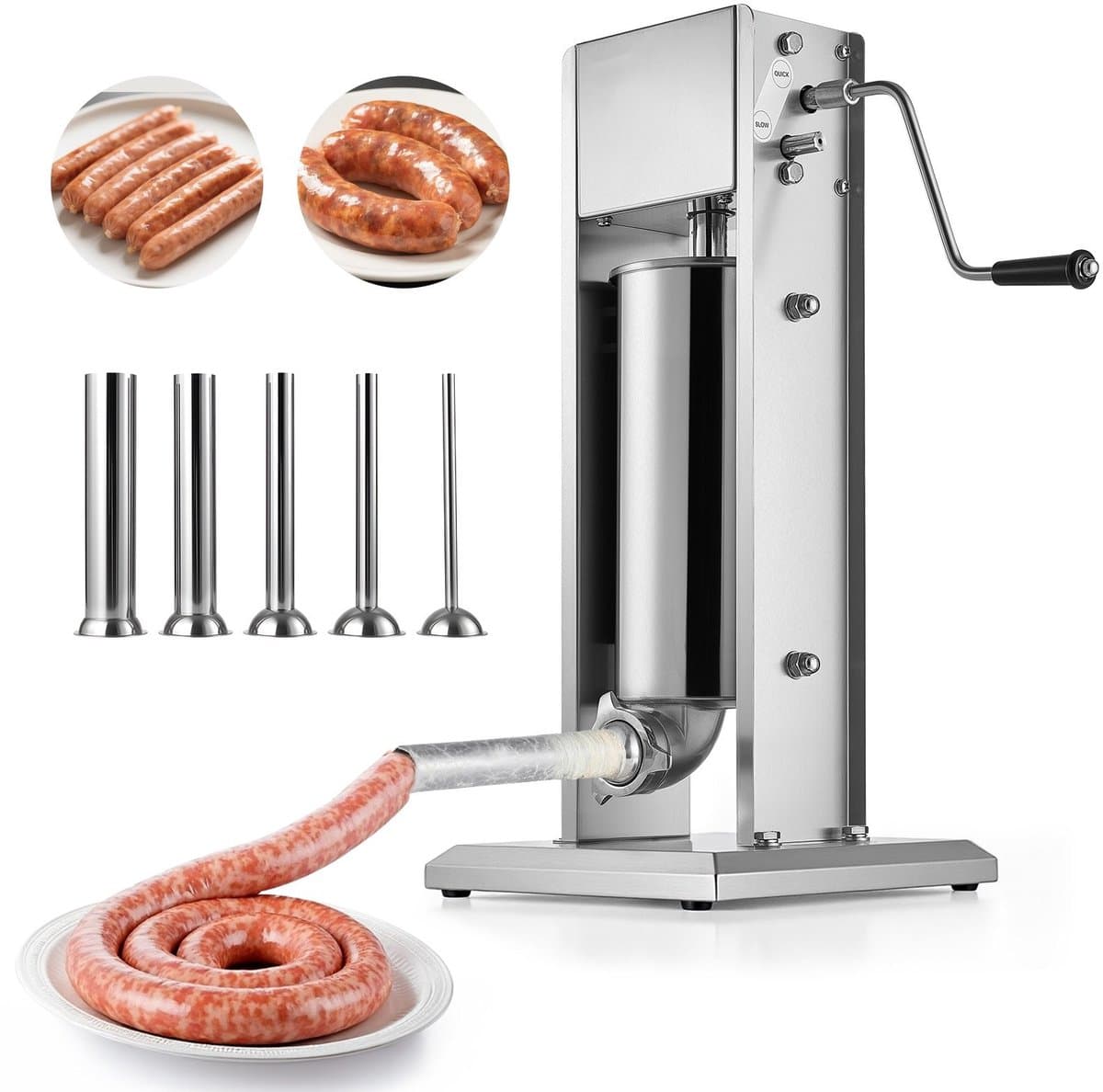Worstvulmachine - Handmatige verticale worstvuller 5 liter - 2 Snelheden (Snel/Langzaam) - RVS - 5 Vulbuizen — afbeelding 1