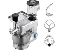 6 L Elektrische Keukenmixer met Een Vermogen van 1500 W, Kantelbaar Ontwerp, 6+P Snelheden, Inclusief 1,5 L Blenderbeker, Roestvrijstalen Kom, Deeghaak, Garde en Klopper voor Bakken en Mixen, Zilver