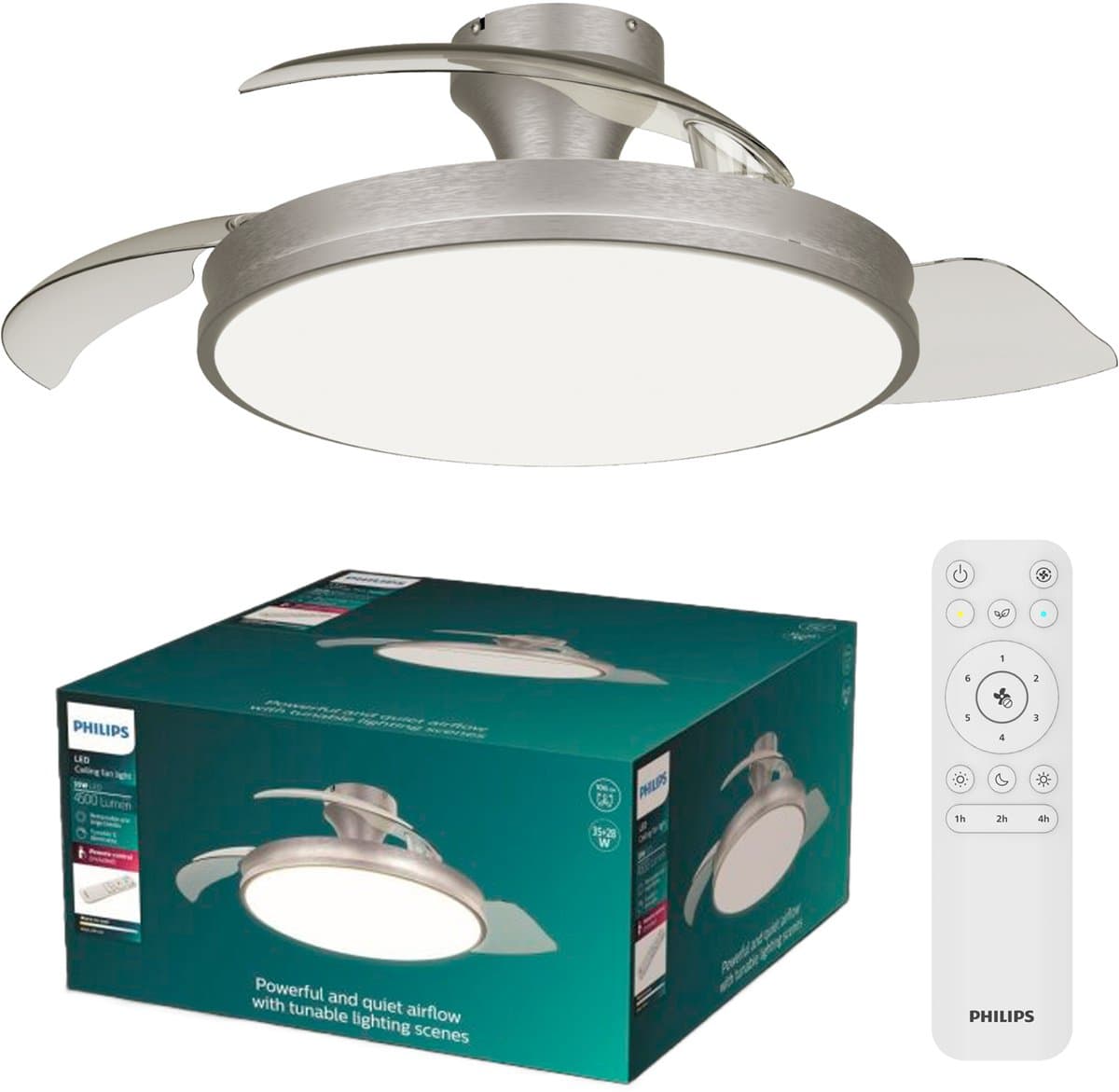 Philips Atlas Plafondventilator met ingebouwde LED-lamp - 3 Intrekbare bladen, diameter: 106cm - 4500 Lumen - Instelbaar wit licht van 2700K tot 6500K - Dimbaar tot 5% - Afstandsbediening - Nikkel — afbeelding 1
