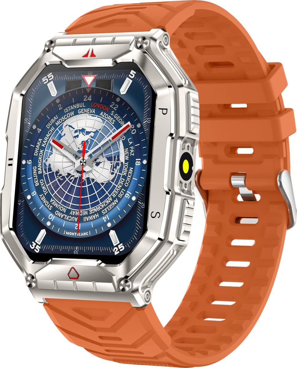 Knobbout 2.1” (3.4*4.2cm) Groot Outdoor Smartwatch – Barometer, LED-Zaklamp- Bluetooth Bellen- Kompas & Hoogtemeter- AI spraakassistent -Hartslag & SpO₂ - 650mAh Batterij - 1ATM Waterdicht - Oranje siliconen horlogeband — afbeelding 1
