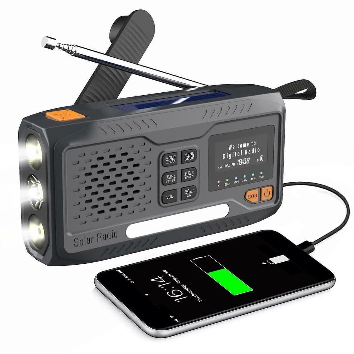 Noodradio DAB+ & FM met Bluetooth – Zonnepaneel - Handslinger - Zaklamp - SOS Alarm - USB-C Oplaadbaar – Outdoor & Noodpakket — afbeelding 1