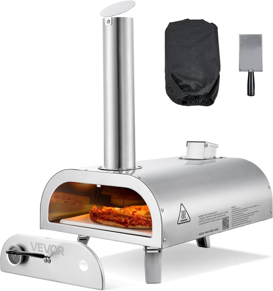 VEVOR Outdoor Pizzaoven 12 Inch Pelletpizzaoven, Draagbare Pizzaoven met Ingebouwde Thermometer, Houtgestookt, Pizzasteen, Pizzaschep en Draagtas, Roestvrijstalen Pizzamaker, voor Tuin en Kamperen — afbeelding 1