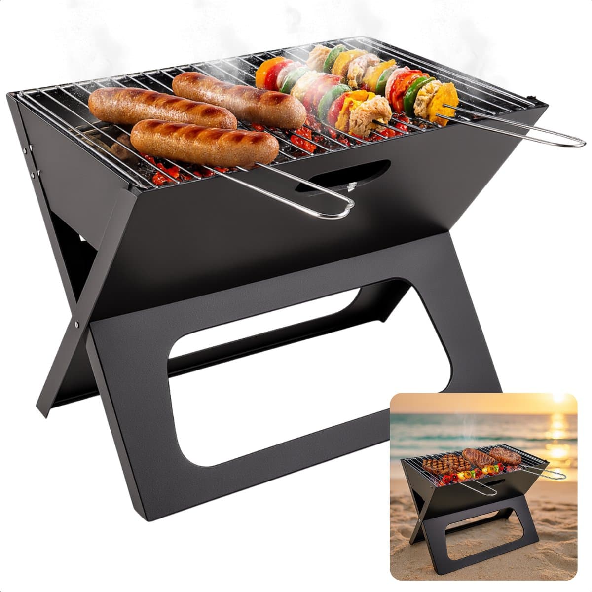 Cheqo® Draagbare Houtskool Barbecue – Opvouwbare BBQ Grill – Tafelbarbecue voor Buiten – Inklapbare Camping BBQ – Compacte Zwart Design Tuinbarbecue – Lichtgewicht Outdoor Grill met Vuurschaal & Handvaten — afbeelding 1