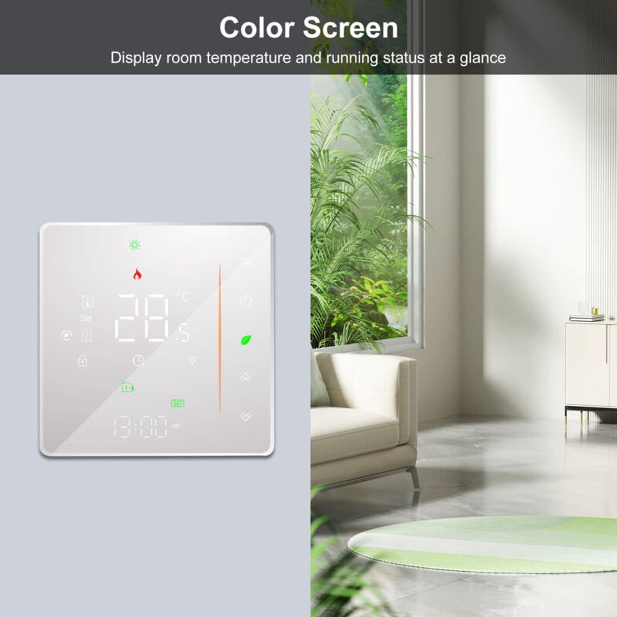 WiFi Smart Thermostat, een regelaar vloerverwarming geschikt voor een kleuren-leddisplay waarop de tijd, dag van de week, temperatuur, luchtvochtigheid en het weer worden weergegeven. Wit. — afbeelding 1