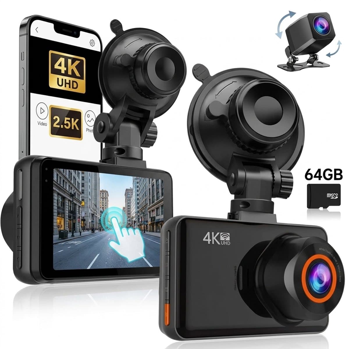 Fokelyi-Dashcam 4K -Dashcam Voor Auto- Wifi & GPS - Nachtzicht - Dual Dashcam - G-Sensor- Ultra 4K- incl. 64GB SD kaart — afbeelding 1