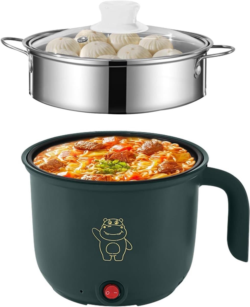 Mini Electric Hot Pot: Portable Electric Mini Hot Pot, Multi-Function Casserole, Electric Cooker with Stainless Steel Steamer Pan, 1.8L Quick Window Cooker, 600W, 220V, Green — afbeelding 1