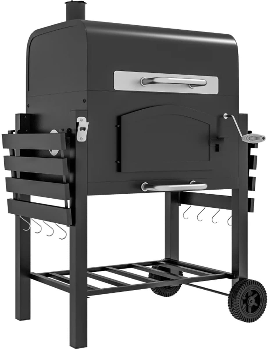 Premie 3-in-1 Houtskool Barbecue - Smoker Barbecue met Rookfunctie - Houtskoolgrill - met Verstelbaar Houtskoolcompartiment, Deksel, Handgrepen, Thermometer, Wielen - BBQ voor Kamperen, Buiten, Tuin - 124 x 66 x 112 cm - Zwart — afbeelding 1