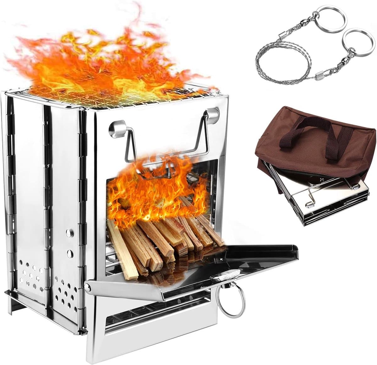 Camping houtkachel opvouwbaar RVS kookkachel draagbaar met grill en opbergtas lichtgewicht 1 kg — afbeelding 1