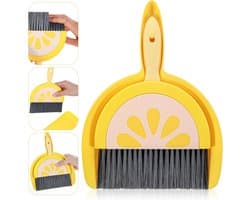 Mini Handveger Schep - Tafel Bezem Set - Snel Opruimen - Lichtgewicht Compact - 23.5 x 20 cm - Geel