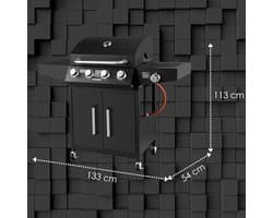 Gasbarbecue 4 Branders met Zijbrander 113 x 54 x 133 cm – RVS Buitenkeuken BBQ Grillwagen met Verlichte Knoppen, Thermometer, Grillroosters, Gasslang & Drukregelaar – Professionele Gasgrill voor Tuin, Camping & Terras – HomebyNicole