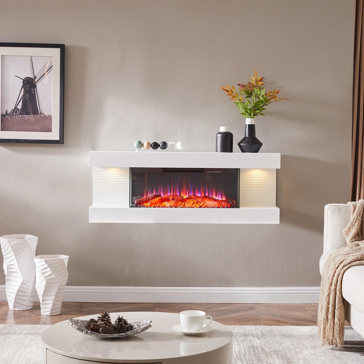 Elektrische Wandhaard - 1800 W Wit - Modern Design - LED Vlameffect - Voor Binnen - Decoratieve Haard — afbeelding 1
