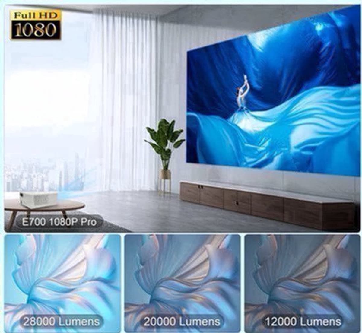 Alincoo - E700 - Beamer - Projector Beamer - Mini Meamer - 4k - Full HD 1080P - 1920x1080dpi - Automatische focus - 5G - met WiFi - 28000 Lumens - Wit — afbeelding 1
