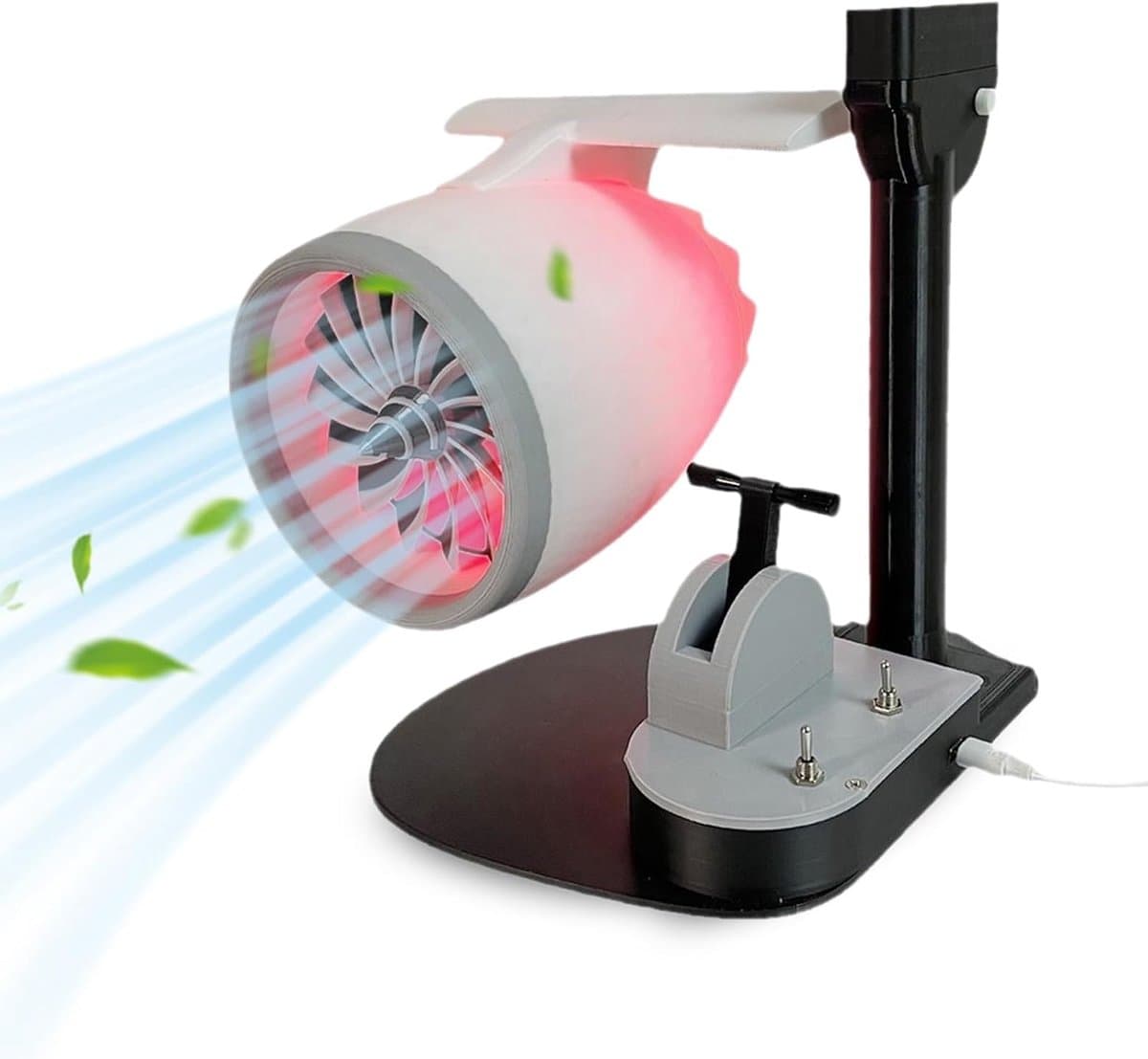Bureauventilator met vliegtuigturbomotor, creatief bureaumodel met straalmotorturbofan, model met rode staartmotor voor slaapkamer, thuiskantoor, wit — afbeelding 1