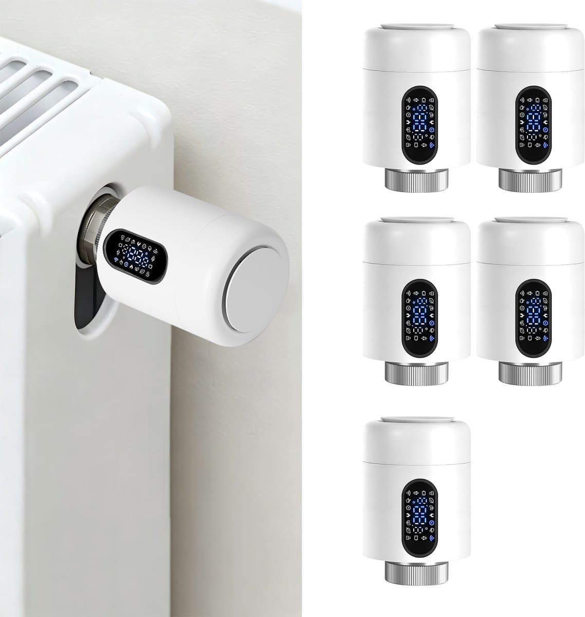 Radiator Thermostaat WiFi – Raamdetectie, Vorstbeveiliging en Kinderslot – Wit – 5-pack — afbeelding 1