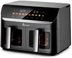 BUVARO Dual Zone Airfryer XXL 11L – 2 x 5,5L – 2950W – 10 Programma’s – DUAL & SYNC Finish – Kijkvensters – Zwart