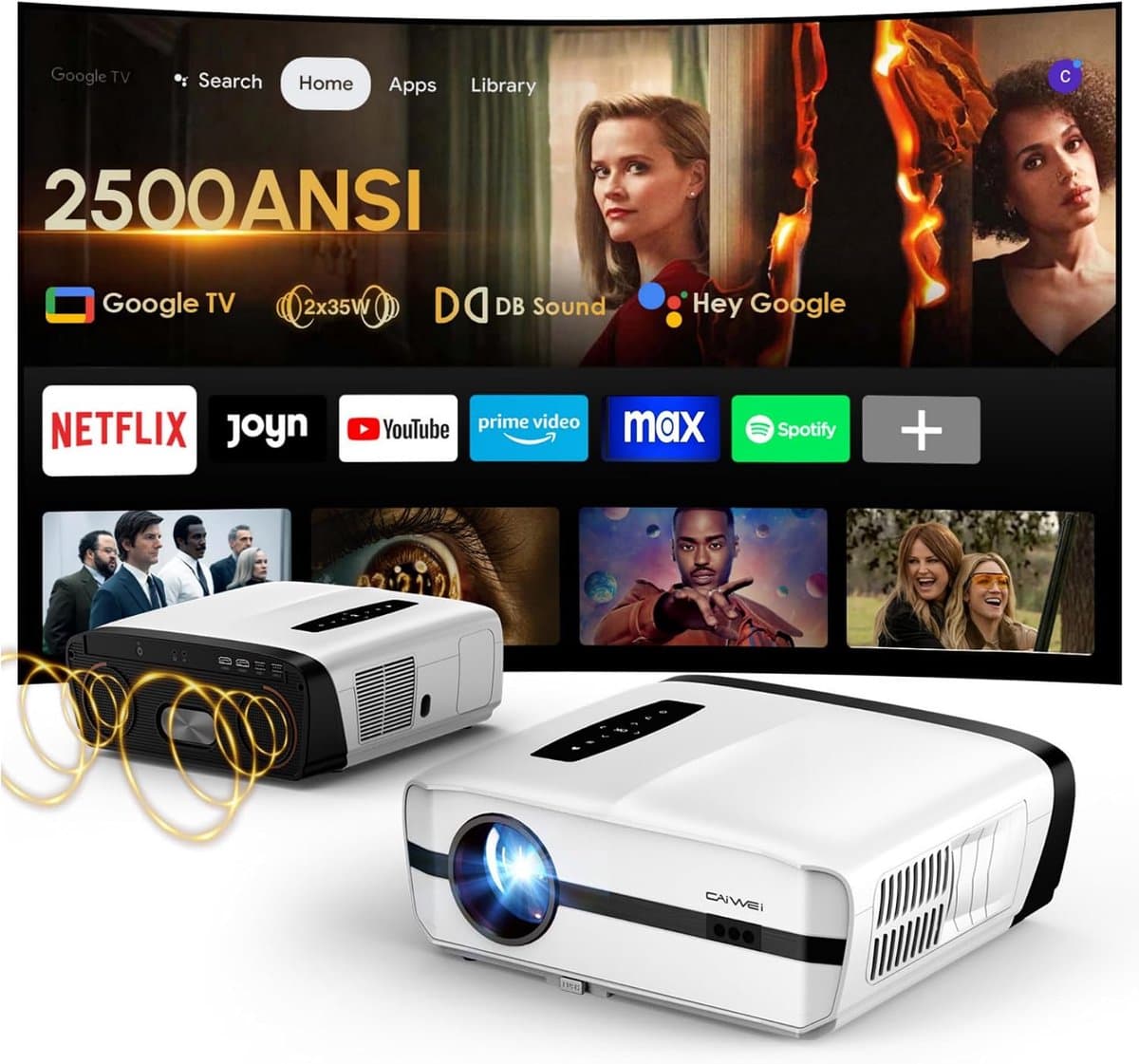 SnelShoppen - 4K Beamer Projector met Google TV, 2500 ANSI Lumen, WiFi, Bluetooth, HDMI ARC/CEC, 35W Deep Bass, Dolby Audio, ToF Autofocus, Perfect vo — afbeelding 1