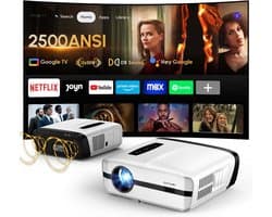 SnelShoppen - 4K Beamer Projector met Google TV, 2500 ANSI Lumen, WiFi, Bluetooth, HDMI ARC/CEC, 35W Deep Bass, Dolby Audio, ToF Autofocus, Perfect vo