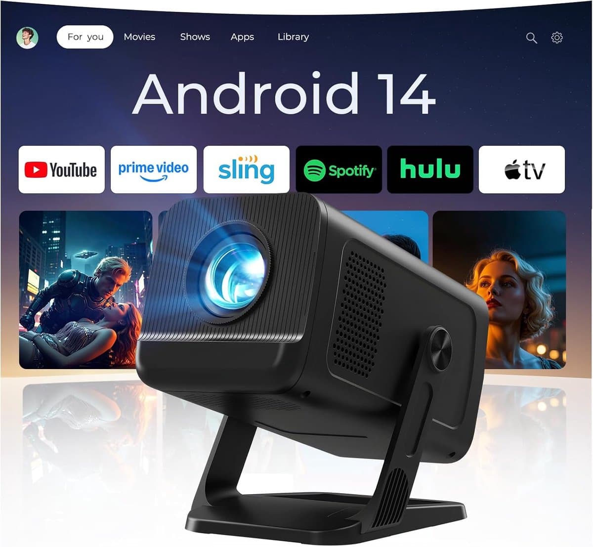SnelShoppen - Mini Beamer met Ingebouwde Apps, 5G Wi-Fi 6, Bluetooth 5.4, Ondersteunt 4K/1080P, Auto Keystone, 270° Draaibaar - HDMI/TV Stick/USB/iOS/ — afbeelding 1