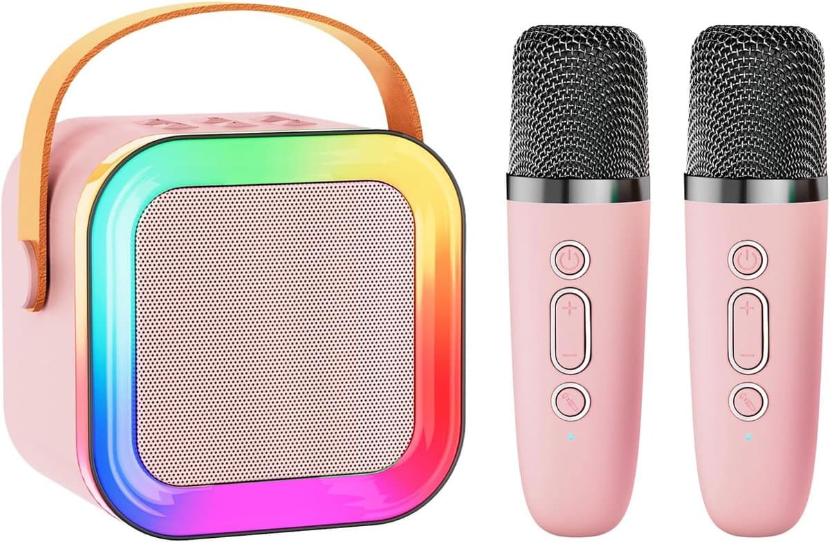 Mini Karaoke Machine Speaker for Kids Adults,Portable Bluetooth with 1-2 Wireless Microphones,Christmas Birthday Gifts Toys Girls Boys Ages 4, 5, 6,7, 8,9,10,11,12+ Years Old Toddler (Pink - 2 Mic) — afbeelding 1