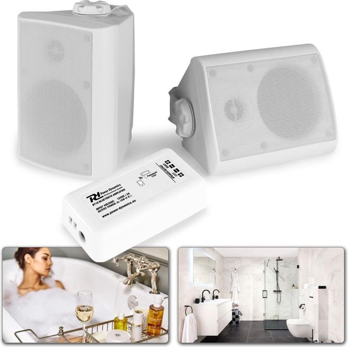 Buiten speakers - Geluidsinstallatie met 2 outdoor speakers en versterker met Bluetooth - Perfect voor overkapping, badkamer, sauna, etc. - Wit — afbeelding 1