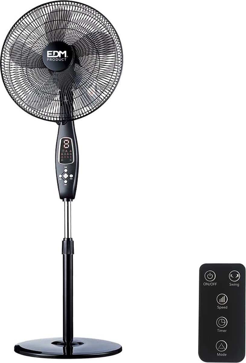 EDM Luxe Statiefventilator - Ø40 cm - 60W - Verstelbare hoogte 110-130 cm - 5 doorzichtige bladen + afstandsbediening - Zwart — afbeelding 1
