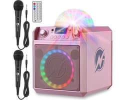 N-GEAR Block Party 602 XL - Karaoke set met 2 Microfoons - Bluetooth speaker draadloos - Partybox met Verlichting - Space Pink