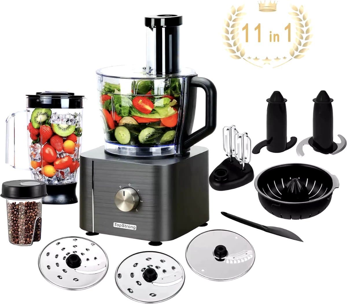 J&R Keukenmachine - Alles in 1 keukenmachine - Multifunctionele keukenmachine - Vleesmolen - Garde - Kneder - Shredder - Sinaasappelpers - Hakselaar - Blender - 1100W - Donkergrijs — afbeelding 1