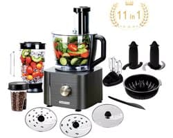 J&R Keukenmachine - Alles in 1 keukenmachine - Multifunctionele keukenmachine - Vleesmolen - Garde - Kneder - Shredder - Sinaasappelpers - Hakselaar - Blender - 1100W - Donkergrijs