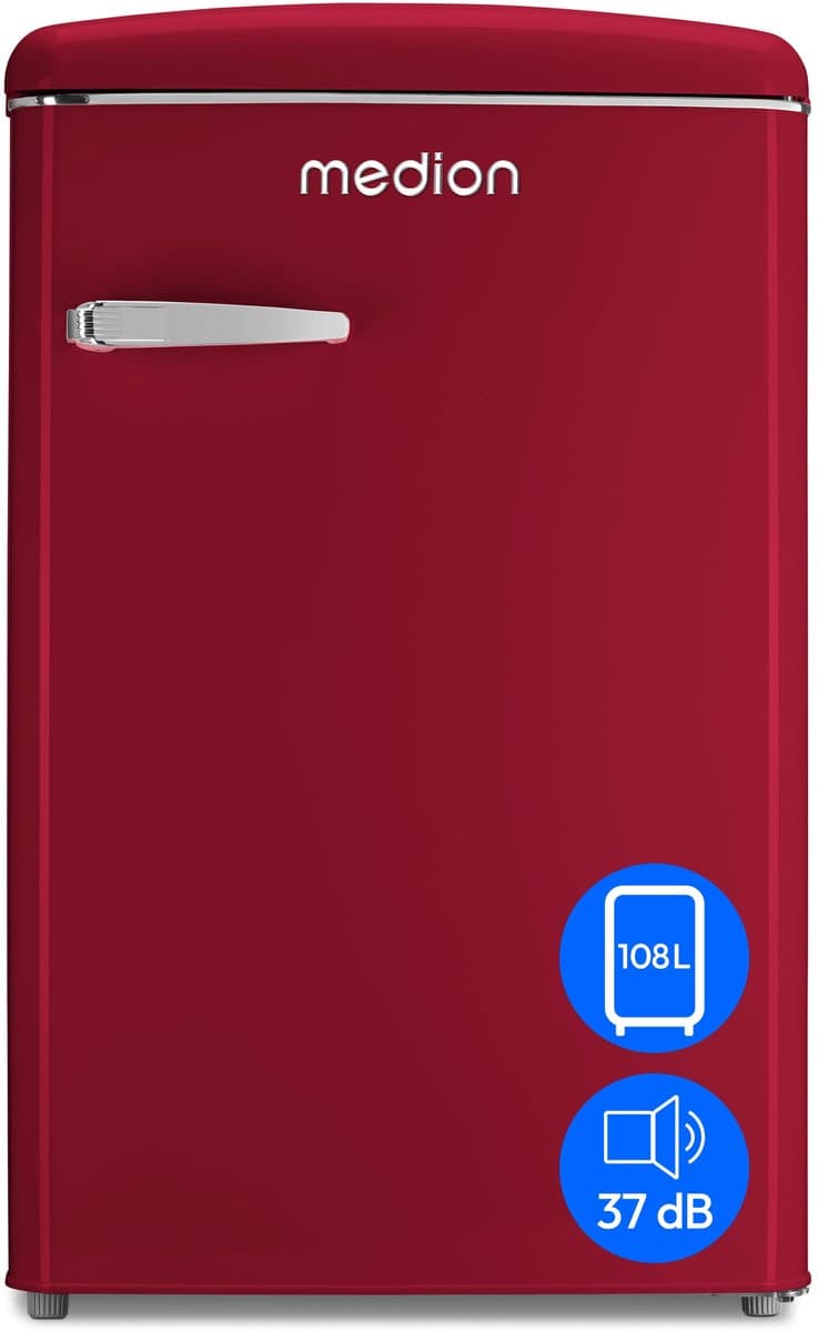 MEDION retro koel-vriescombinatie (95L koelkast, 13L 4-sterren vriesvak, 108 liter inhoud, LED interieurverlichting, traploze temperatuurregeling, retro design, MD 37790) rood — afbeelding 1