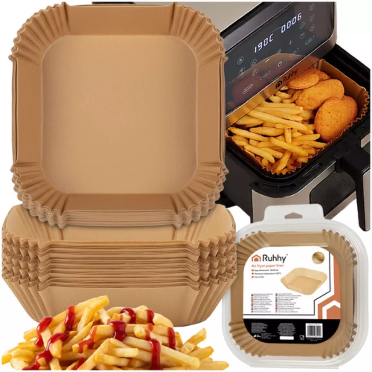 Ruhhy Airfryer papieren inserts 100 stuks 16 x 16 cm — afbeelding 1