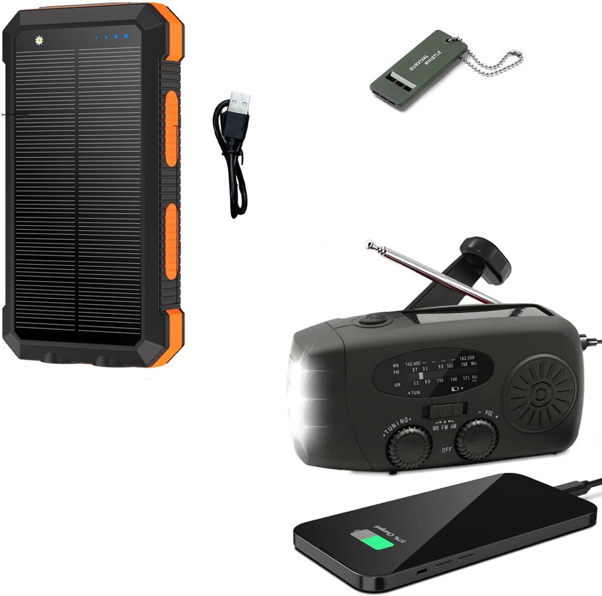 Noodradio Solar Opwindbaar en Batterij - Noodpakket - Draagbare Survival Radio - Inclusief 10.000 mAh Solar Powerbank en Noodfluit - Powerbank Zonneenergie - Bouwradio - Zaklamp - Zwart — afbeelding 1