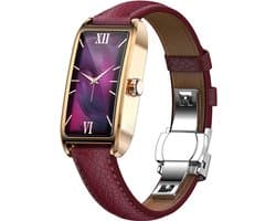 WizBay Premium Select® 1.13 Inch AMOLED Smartwatch Goud met Paars Leren Band – Hartslag, Bloeddruk SpO₂ Monitoring – Fitness Tracker – Elegant Vierkant Design – Android iOS