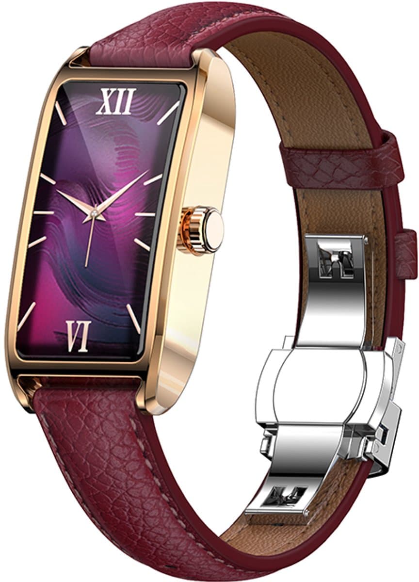 WizBay Premium Select® 1.13 Inch AMOLED Smartwatch Goud met Paars Leren Band – Hartslag, Bloeddruk SpO₂ Monitoring – Fitness Tracker – Elegant Vierkant Design – Android iOS — afbeelding 1