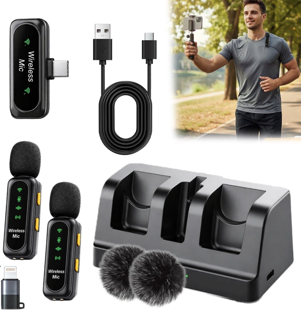 Draadloze dasspeldmicrofoon – Slimme microfoon met ruisonderdrukking voor livestreaming en video-opnames (model J20) - Microfoon Draadloos - Dasspeld Microfoon Draadloos - Microfoon Bluetooth - Geschikt Voor Alle Telefoons — afbeelding 1