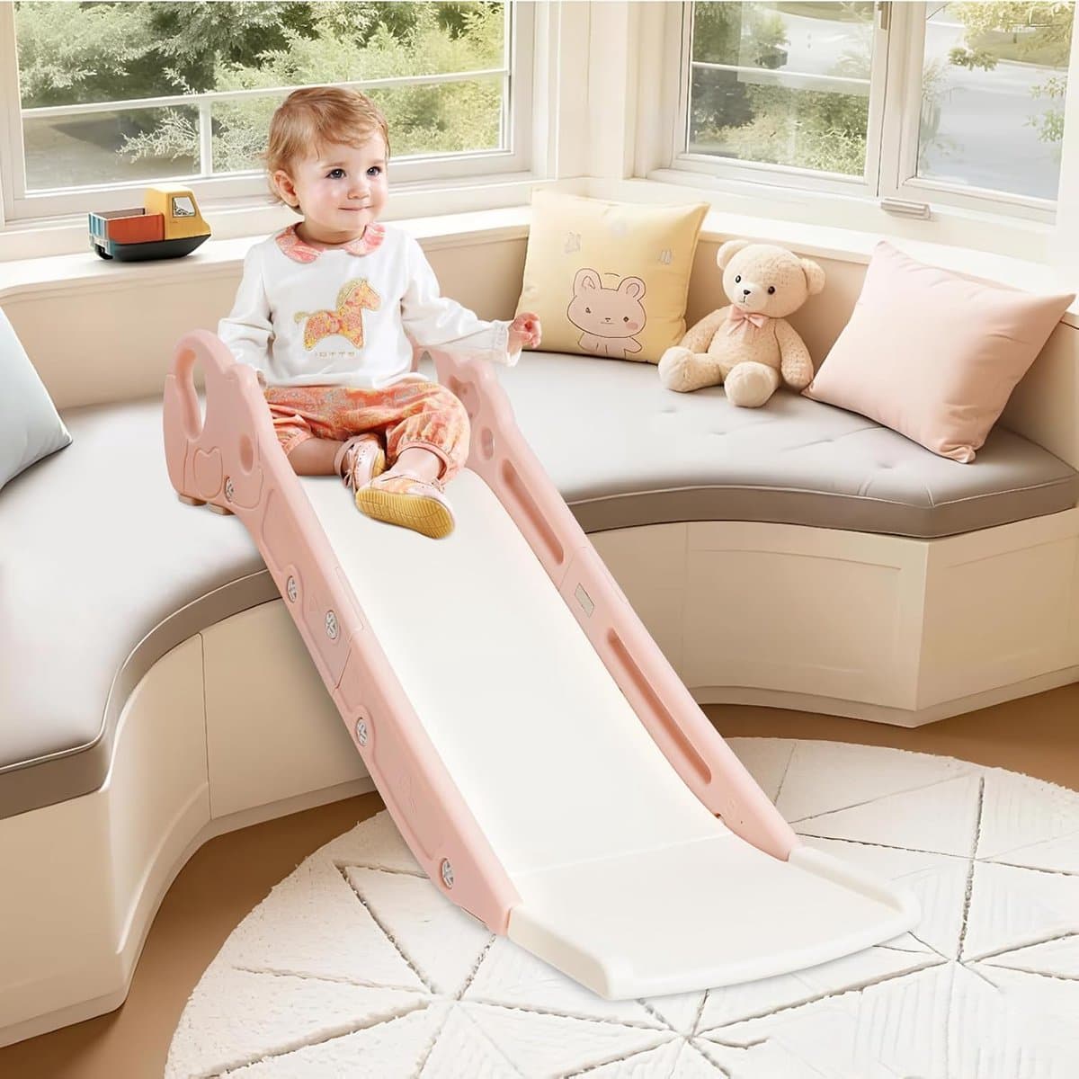 Glijbaan voor kinderen, indoor glijbaan voor bed en bank, peuter bedzijglijbaan met antislip basis, klimglijbaan speelset voor slaap- en woonkamer, Montessori-speelgoed voor de speelplaats, roze — afbeelding 1