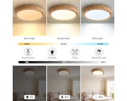 Dimbare Houten LED Plafondlamp - 40 cm - Met Afstandsbediening - Ronde Plafondlamp voor Slaapkamer, Kantoor en Keuken
