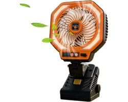 Kampeerventilator met lamp - Oplaadbare ventilator - Buitenactiviteiten en stroomuitval - 3-snelheden stille werking - 16x15x16 cm - Oranje